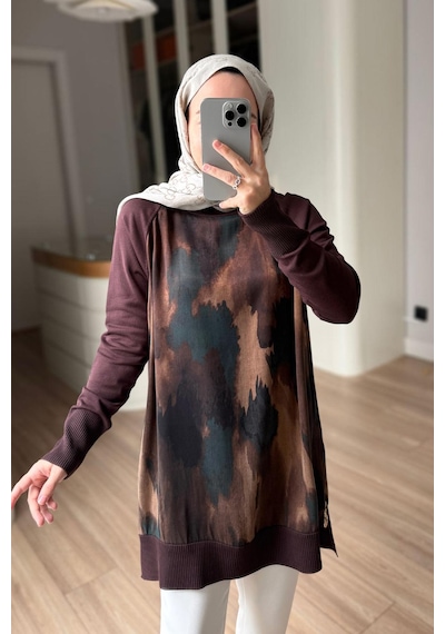 Kahijab Yan Fermuarlı Desenli Boğazlı Merserize Tunik - Kahverengi