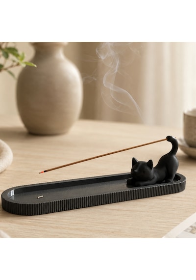 Kedi Figürlü Tütsü Tutucu - Minimalist Tasarım - Şık Ev Ve Ofis Dekorasyonu Siyah