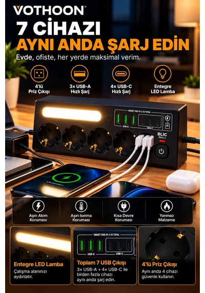 Çoklu Gece Lambalı Üçgen Priz Akım Korumalı 4'lü Priz 3xusb 3xtype-c Çıkışlı Grup Priz Siyah 2 M