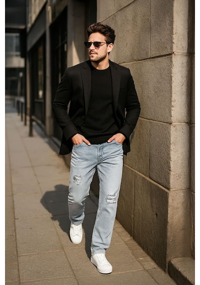 Banny Jeans Erkek Dizi Yırtık Jean Pantolon Açık Mavi 28