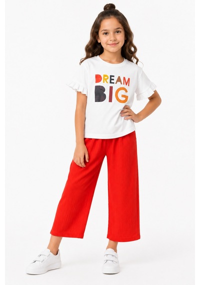 Genel Markalar Luniva Butik Dream Big Baskılı Kız Çocuk Fırfır Kollu Tişört Ve Bol Paça Pantolon 2'li Takım Kırmızı