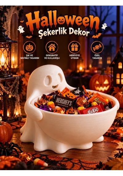 Halloween Cadılar Bayramı Dekoratif Hayalet Şekerlik Büyük Kase Masa Üstü Dekor