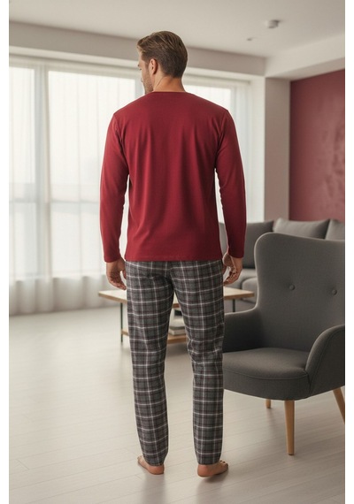 Siyah İnci Deve Baskılı Uzun Kollu Örme Pijama Takım Bordo