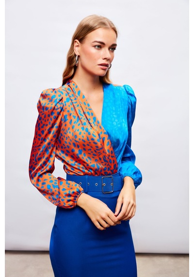 Sateen Kruvaze Desenli Bodysuit - Oranj-sax Mavi