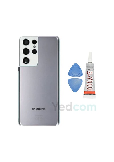 Samsung S21 Ultra Gri Uyumlu Kamera Camlı Arka Cam Batarya Pil Kapağı Telefon Arka Kapak