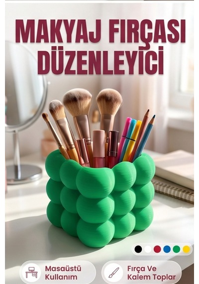 Makyaj Fırçası Ve Kalem Düzenleyici Masaüstü Organizer Kutu - 8 Cm Yeşil
