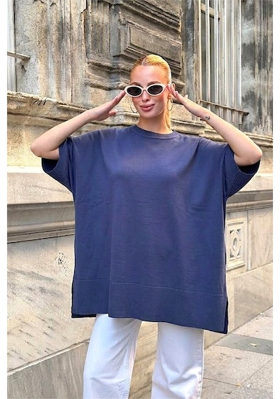 Genel Lacivert Oversize Triko Bluz