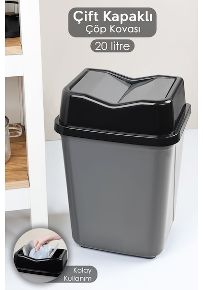 Çift Kapaklı Plastik Çöp Kovası - Ev Ofis Banyo Mutfak Çöp Kovası Gri 20 Litre Gri
