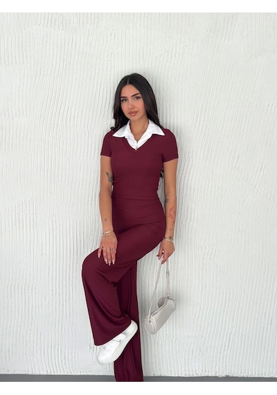 Kazax Ottoman Kumaş Beyaz Gömlek Yaka Takım S4142 Bordo