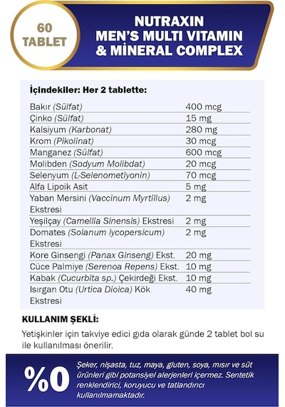 Nutraxin Men's Multi Vitamin ve Mineraller Complex 60 Tablet