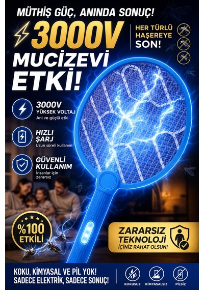 Mavi Led Sinek Öldürücü Raket Şarjlı 3000v Elektrikli Haşere Kovucu Sivrisinek Aparatı