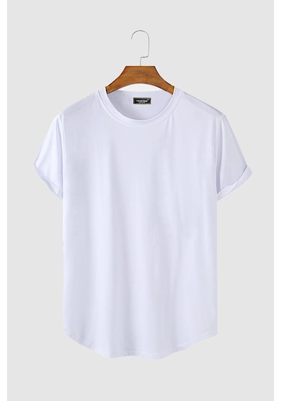 Erkek Beyaz Kolları Katlı Oval Kesim Cepsiz Bisiklet Yaka T-shirt Beyaz