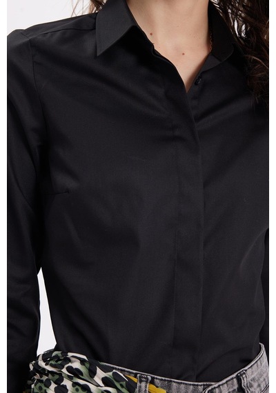 Tudors Kadın Slim Fit Non-ıron Pamuklu Vücuda Oturan Ütü Gerektirmez Pensli Siyah Gömlek-42045 Siyah