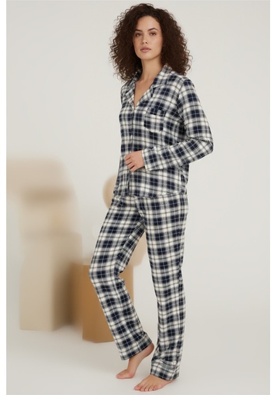 Luxury Viscose Lacivert Ekose Desenli Kadın Uzun Kollu Pijama Takımı 42576 Gümüş