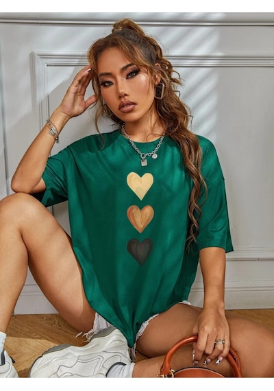 Uyguntarz Unisex Üç Kalpli Tasarım Basklı Tshirt Yeşil