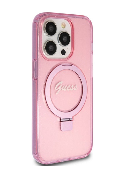 Apple Uyumlu iPhone 15 Pro Kılıf Guess Lisanslı Magsafe Özellikli Simli Ring Standlı