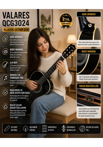 Valares Qcg3024 36 3/4 Klasik Gitar Çocuklar İçin İdeal Yumuşak Tını Kolay Çalım Çanta Ve Pena Hediye Siyah