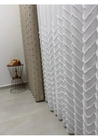 Nivemeshome Yakamoz 1-053p Yarı Desen Ekru 1/2,5 Pileli Tül Perde