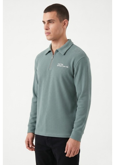Opınıon Erkek Spor Polo Yaka Petek Dokulu Sweatshırt Bgl-st05442 Yeşil