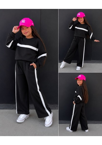 Kokoş Bebe Şerit Detaylı Oversize Kız Çocuk Eşofman Takımı - 3/10 Yaş - 31781 Siyah