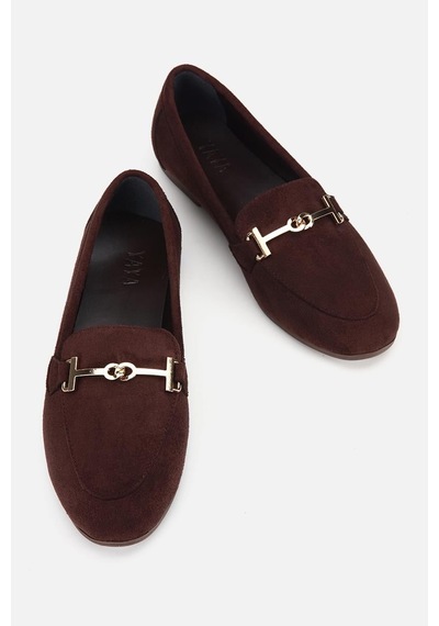 Yaya Kadın Kahverengi Süet Gold Tokalı Loafer