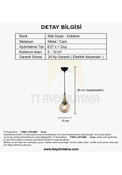 Tt601-1-sy-esk Tt Ayd. Mat Siyah-eskitme Tekli Uzun Hunili Avize Eskitme - Siyah