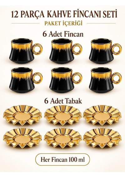 6 Kişilik 12 Parça Türk Kahvesi Fincan Seti 100 Ml Siyah Gold Detaylı Porselen Çok Renkli
