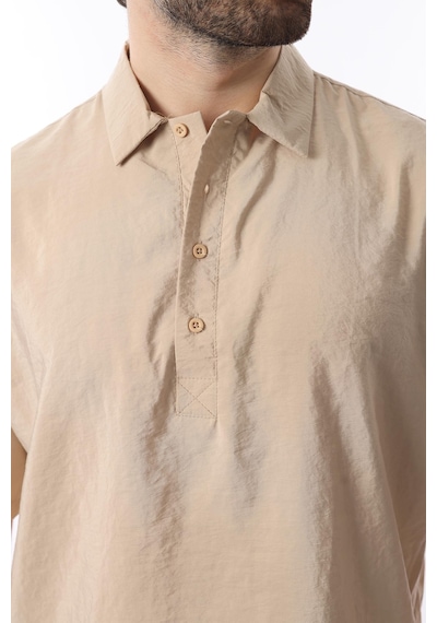 Madmext Bej Oversize Rahat Kesim Kısa Kollu Gömlek 6744