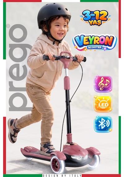 Prego Veyron Bluetoothlu Müzikli Işıklı Çocuk Scooter Katlanabilir - Yükseklik Ayarlı Bordo
