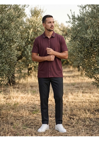 Maccali Erkek Bordo Jakarlı Kısa Kollu Polo Yaka Gömlek