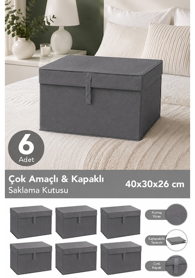 6'lı Mini Boy Hurç - Çok Amaçlı Organizer Kapaklı Saklama Kutusu 40x30x26cm Antrasit
