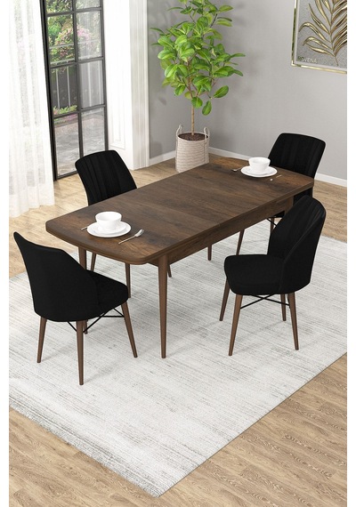 Arel Barok Desen 80x132 Açılabilir Mdf Masa Yemek Odası Takımı, Mutfak Takımı 4 Adet Sandalye Barok Masa - 4 Siyah - Ceviz Ayak Arel Barok Desen 80x132 Açılabilir Mdf Masa Yemek Odası Takımı, Mutfak Takımı 4 Adet Sandalye Barok Masa - 4 Siyah - Ceviz Ayak