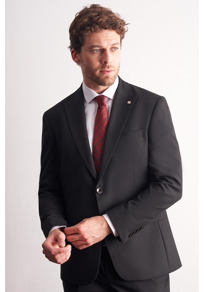 İmza Siyah Kırlangıç Yaka Çizgili Desen Slim Fit 6 Drop Takım Elbise 1001255166 Siyah