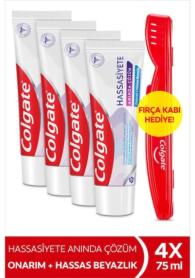 Colgate Hassasiyete Anında Çözüm Onarım ve Hassas Beyazlık Diş Macunu 75 ml X 4 Adet Fırça Kabı Hediye