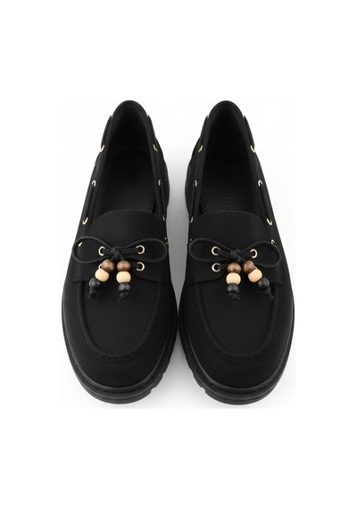 Efw Kadın Yüksek Kaymaz Taban Siyah Süet Boncuklu Bağcıklı Loafer Oxford Ayakkabı