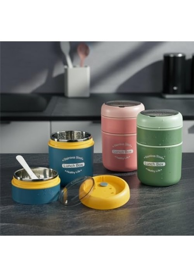 Deconox Çelik Yemek Termosu 2 Katlı Kaşıklı - 304 Paslanmaz Çelik Beslenme Kutusu Sıcak/soğuk Tutma Özellikli Vakumlu Öğle Yemeği Seferi Tası 710 Ml, Çap: 10 Cm, Yük: 15.5 Cm Mavi-sarı