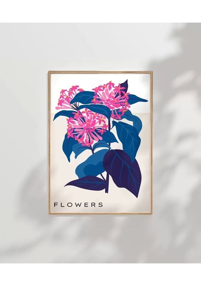 Çerçevesiz Poster Mavi Yaprak Pembe Çiçek