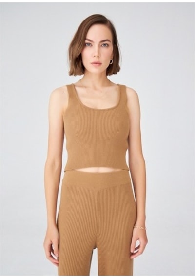 Peraluna Krop Fit Kadın Triko Atlet Camel Camel