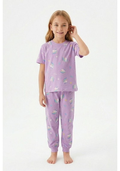Bunny Hopp Bunnyhopp Kız Çocuk Pijama Takımı Pamuk Unicorn Desenli Yazlık Kısa Kollu Lila