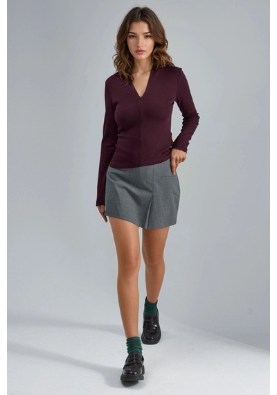 Hiccup Busem Slim Fit V Yaka Uzun Kollu Bluz Leylak Moru