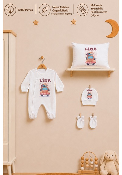 Pia Baby Kız Bebek İsimli %100 Pamuk Hastane Çıkışı 6 Parça Tulum Şapka Eldiven Hediye Seti 2075tybk0x Krem
