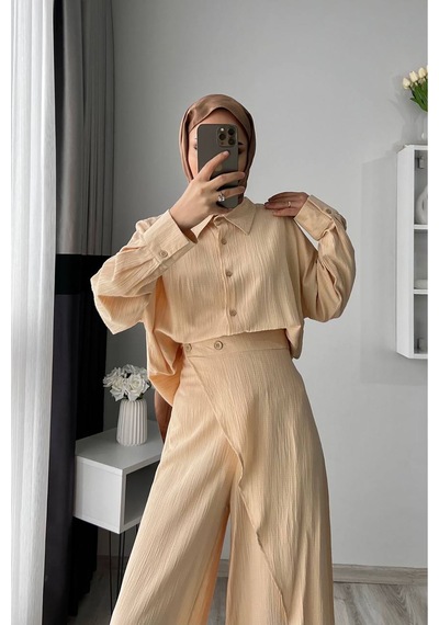 Neşeli Butik Kadın Tunik Pantolon İkili Tesettür Takım Nms052 Bej
