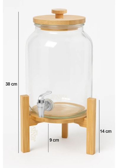 4 Litre Cam Şerbetlik Musluklu, Bambu Standlı Sunumluk Sebil İçecek Dispenseri Şeffaf