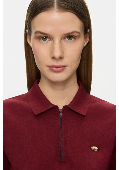 Ucla Ashera Bordo Polo Yaka Half Zip Triko Nakışlı %100 Pamuk Standard Fit Kadın Tshirt