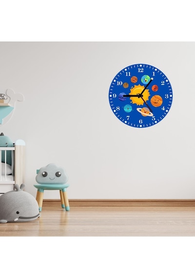 Güneş Sistemi Çocuk Odası Metal Duvar Saati 29x29 Cm - Eğitici Gezegenler Sessiz Akar Mekanizma Çok Renkli