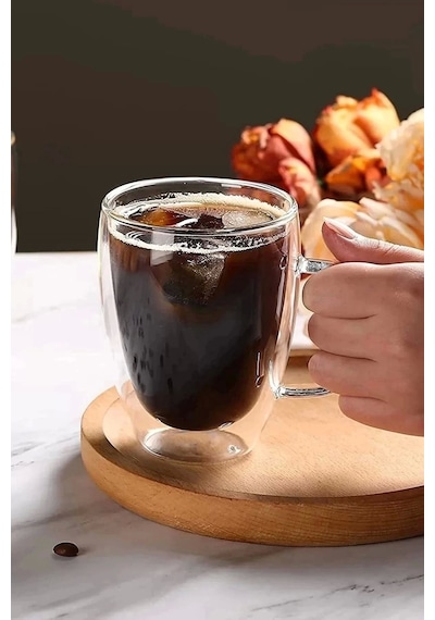 6'lı Çift Camlı 350 Ml Çift Cidarlı Cam Kupa Ev Ofis Fincanı Çift Katlı Isı Yalıtımlı Kulplu Bardak