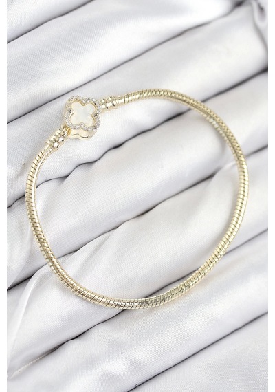 Ceylan Adam Pirinç Charm Zirkon Taşlı Yonca Model Gold Renk Kadın Bileklik Çok Renkli