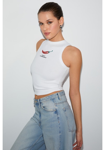 Ethıquet Spıce Kadın Bisiklet Yaka Kalın Askılı Baskı Detaylı Crop Organik Pamuklu Örme Kumaş Beyaz T-shirt