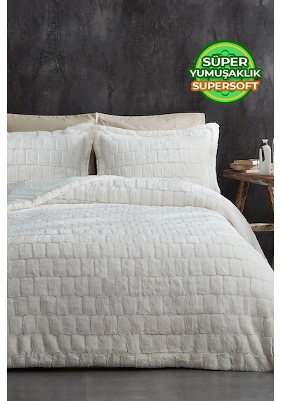 Evlen Home Çift Taraflı Kişilik Kürk Yatak Örtüsü Uyku Seti Yumuşak Dolgulu Wellsoft Peluş 3 Parça Benita Krem Krem