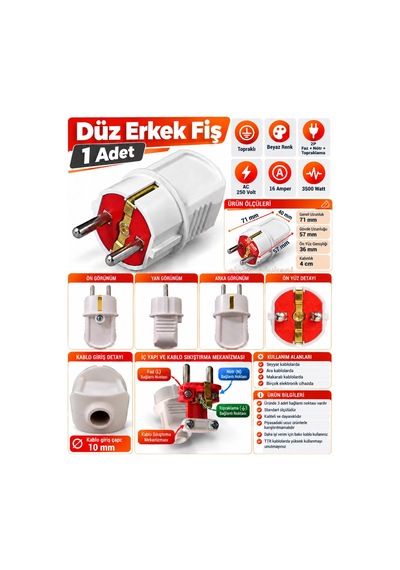 Arvia Topraklı Fiş Düz Beyaz 16 Amper 220 Volt Ip20 Erkek Fiş